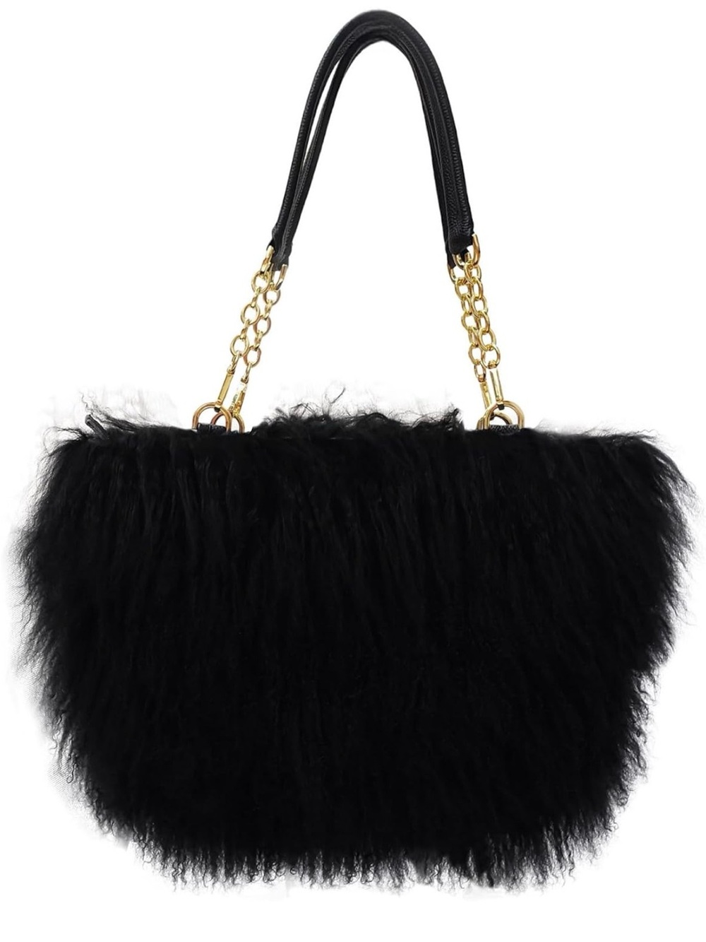 Genuine Mongolian Lamb Fur Tote Black Curly Shearling Gold Chain Straps Handbag